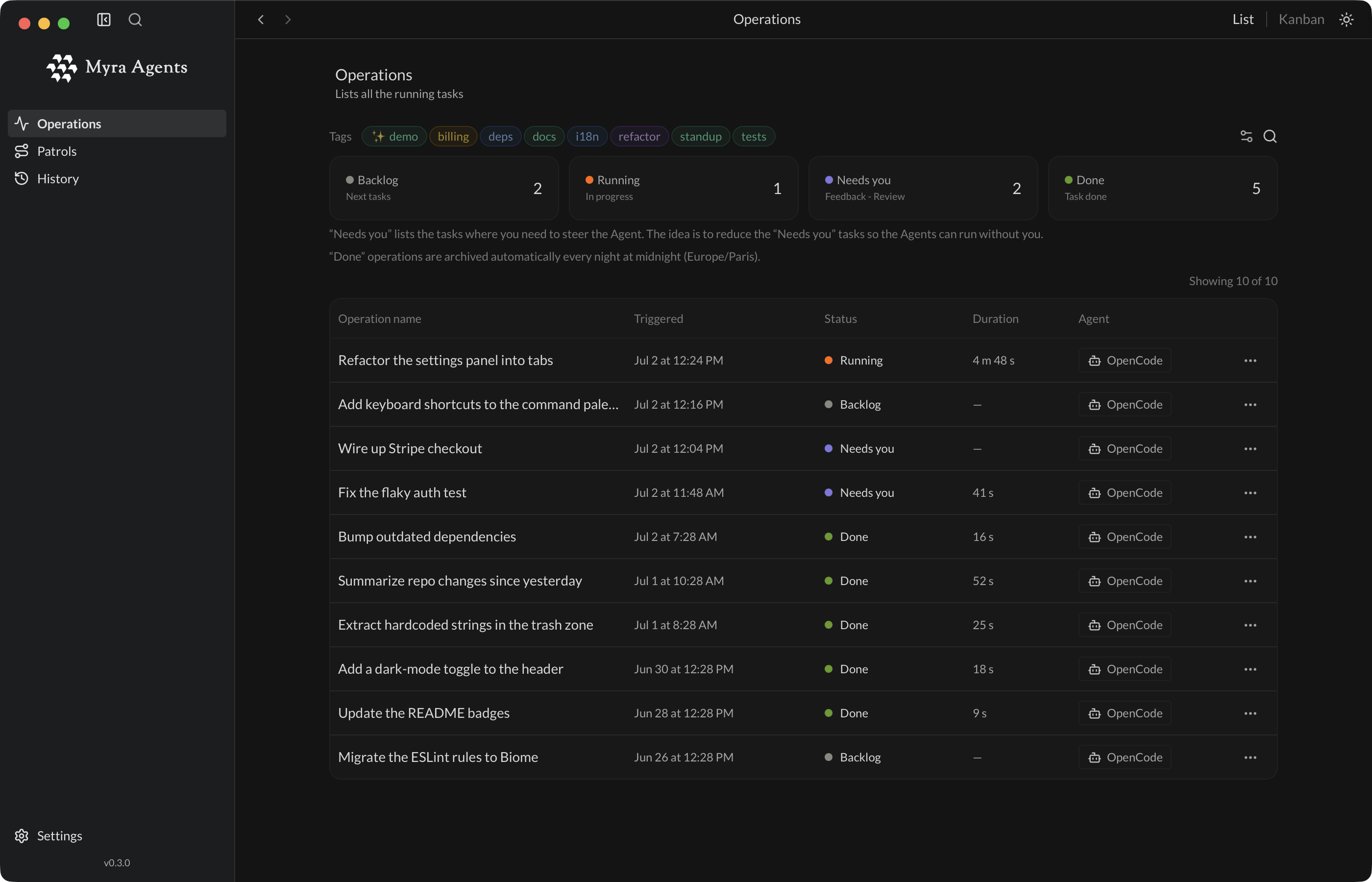 Operations view with Backlog, Running, Needs you and Done counters